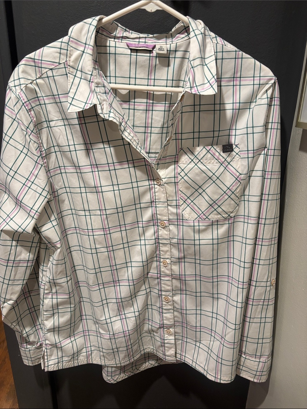 L.L. Bean White Plaid Button-Down Shirt with Green & Pink Lines